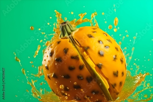 Fresh kiwano flying with water splashes on bright color background photo