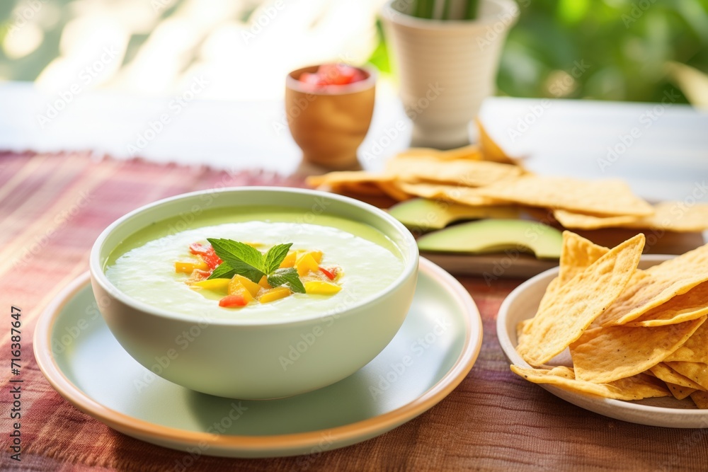 creamy avocado detox soup, tortilla chips on the side creamy avocado detox soup, tortilla chips on the side