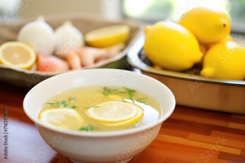 lemon and garlic infused detox soup, whole lemons, and garlic bulbs