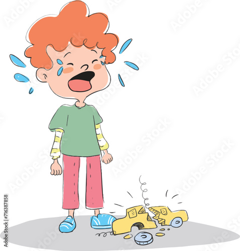The child whose toy car is broken is crying.