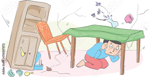 A little boy crawled under the table and took a fetal position during an earthquake.