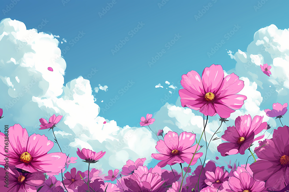 Blooming Flowers and Clouds in Blue Background