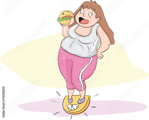 Fat woman being weighed. Woman being weighed while eating a hamburger.