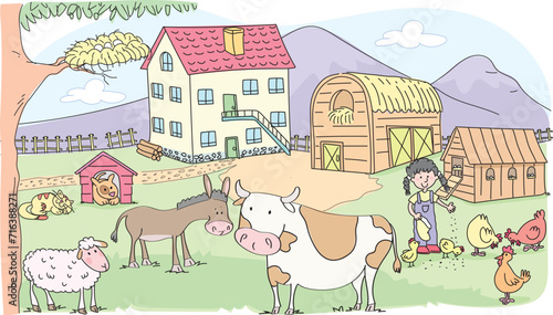 A country house. Animals. And a little girl who feeds the animals.