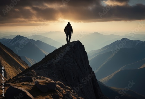 silhouette of a man on a mountain peak, symbolizing achievement and adventure