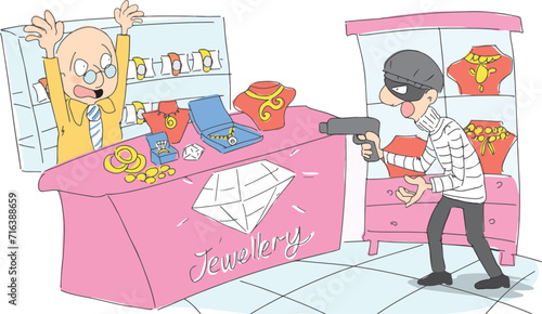Masked thief robbing a jewelry store with a gun in his hand.