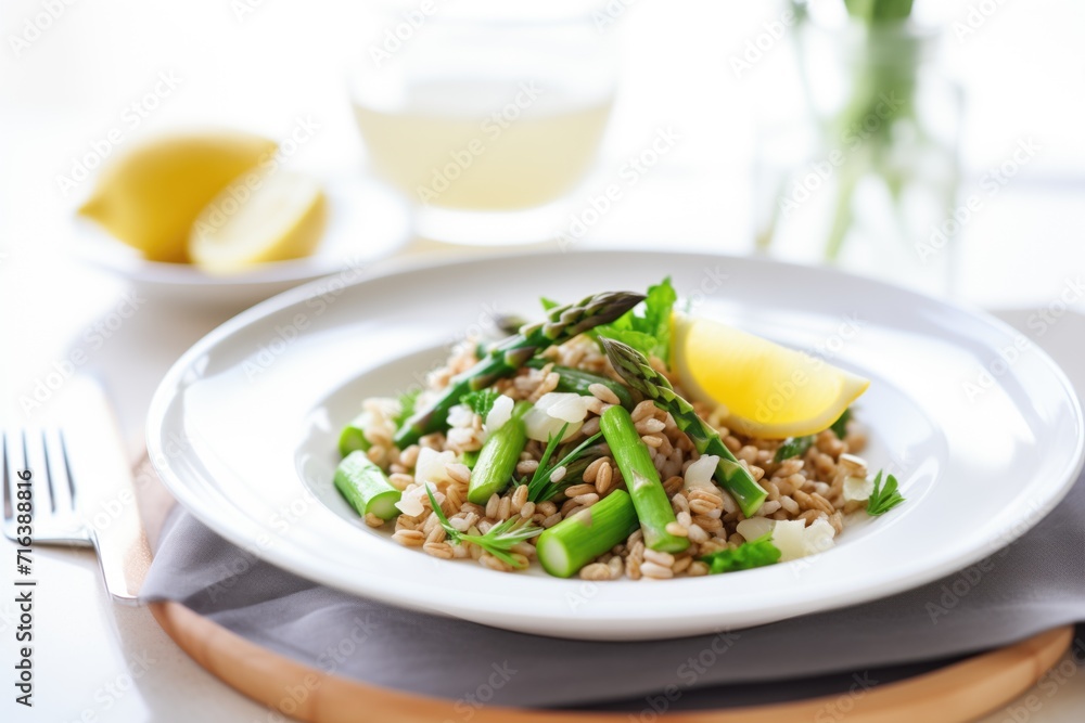 farro salad with steamed asparagus and lemon wedge farro salad with steamed asparagus and lemon wedge
