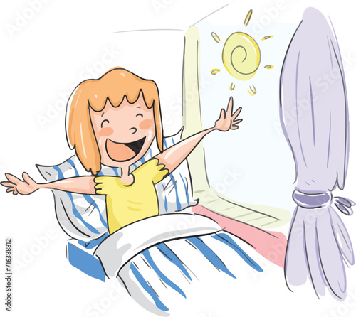 Happy kid waking up. Cute girl stretching on bed in morning. Smiling little child awaking in good mood after healthy sleep at home bedroom. Flat vector illustration isolated on white background.