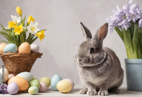 Happy Easter at home with spring flowers and a rabbit on a light room background © Artem