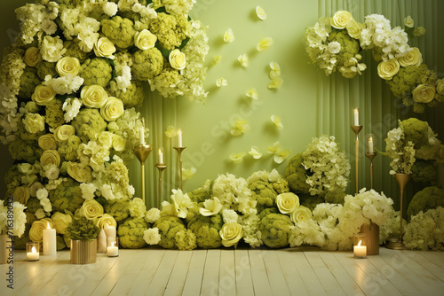 Chartreuse green color flower background, birthday background, celebration, party background, wedding illustration placed on rose background, decoration party, beautiful, aesthetic, creative