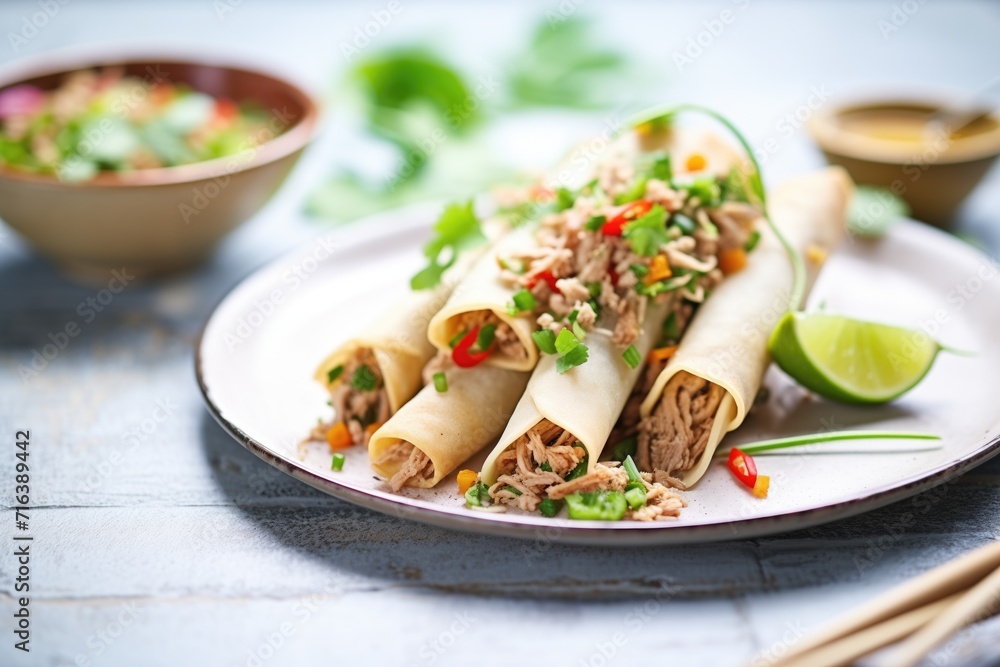 vegan flautas with jackfruit filling on a modern plate vegan flautas with jackfruit filling on a modern plate