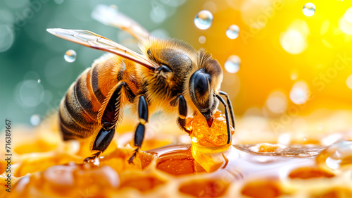 An AI generative image of bee turning nectar to honey on beehive.