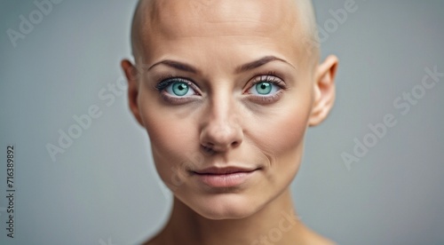 portrait of a pretty hairless woman on background, green or blue eyes, bald-headed girl, cancer woman, portrait of bald-headed woman