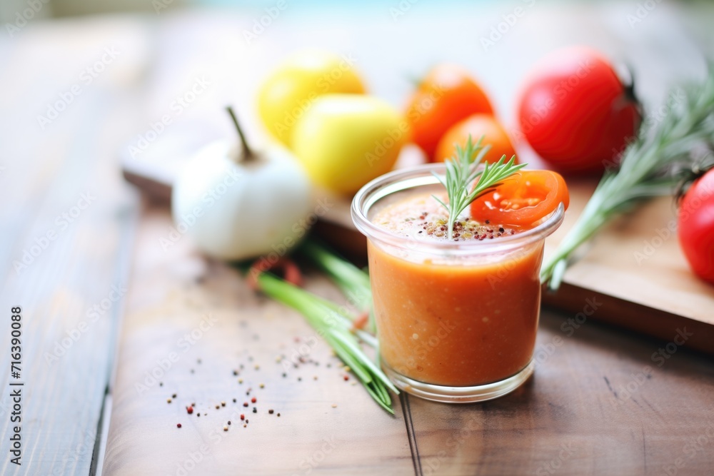 gazpacho with a garlic clove and rosemary nearby gazpacho with a garlic clove and rosemary nearby