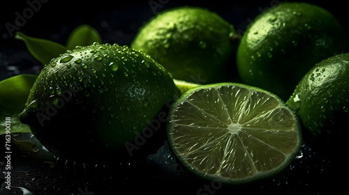 Fresh lime with water splashes and drops on black background