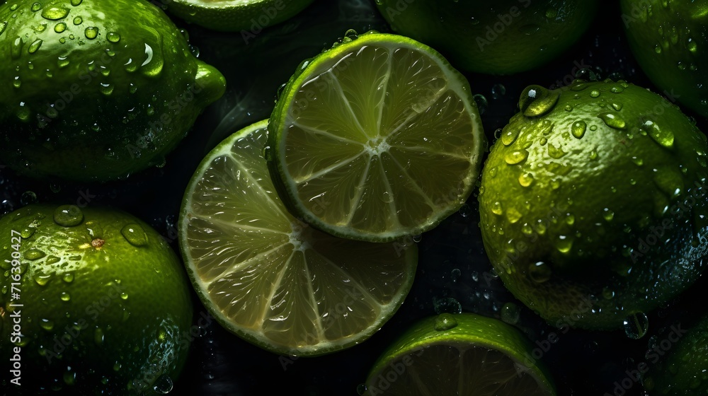 Fresh lime with water splashes and drops on black background Fresh lime with water splashes and drops on black background