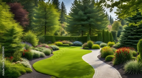 Landscaping with a path of pines and a lawn