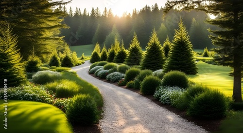 Landscaping with a path of pines and a lawn