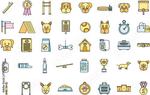 Dog handler trainer icons set. Outline set of dog handler trainer vector icons thin line color flat on white