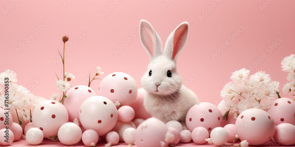 Easter poster and banner template with Easter eggs,Easter bunny and flowers on a pink background.Promotion and shopping template for Easter. Beautiful easter promotion banner.Copy space for text