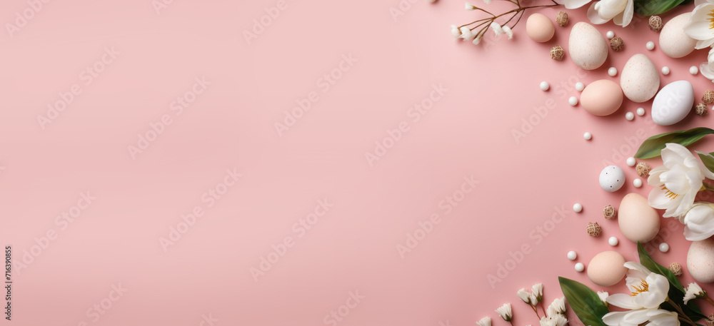 Easter poster and banner template with Easter eggs and flowers on a pink background.Promotion and shopping template for Easter. Beautiful easter promotion banner.Top view, flat lay.Copy Space for text Easter poster and banner template with Easter eggs and flowers on a pink background.Promotion and shopping template for Easter. Beautiful easter promotion banner.Top view, flat lay.Copy Space for text