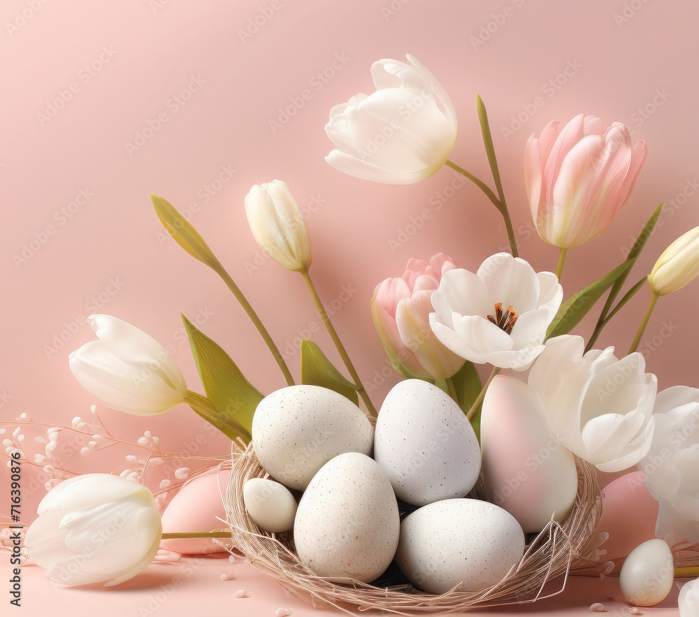 Easter poster with Easter eggs in the nest and flowers on a pink background.Promotion and shopping template for Easter. Easter poster with Easter eggs in the nest and flowers on a pink background.Promotion and shopping template for Easter.