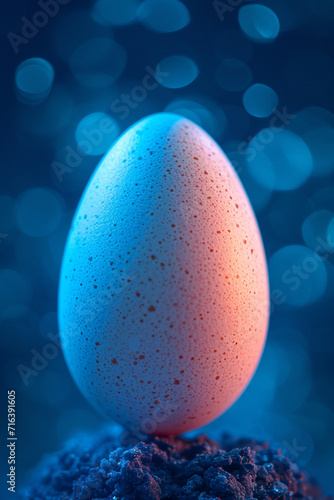 A close-up of an egg bathed in the cool, blue hue of a luminescent lamp,
