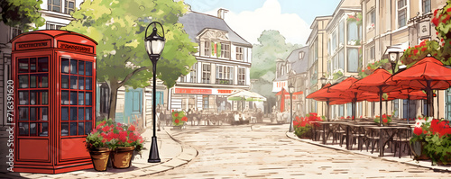 a beautiful cafe street with flowers and plants