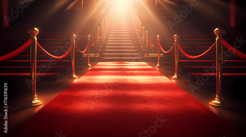 Red carpet on the stairs on dark background, the way to glory, victory and success