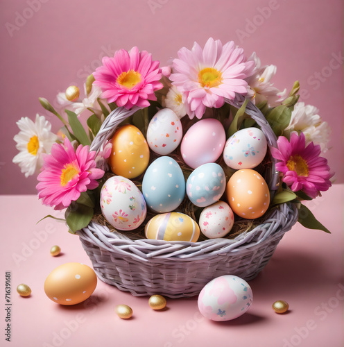 Easter Bliss: Basket with Pastel Eggs on Pink Background
