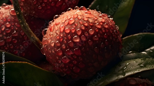 Fresh lychee with water splashes and drops on black background