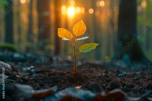 A lone chestnut seedling sprouting in a sunlit forest clearing, photo