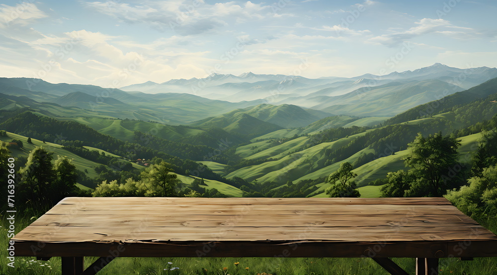 wooden platform with a view of landscape, Generative AI