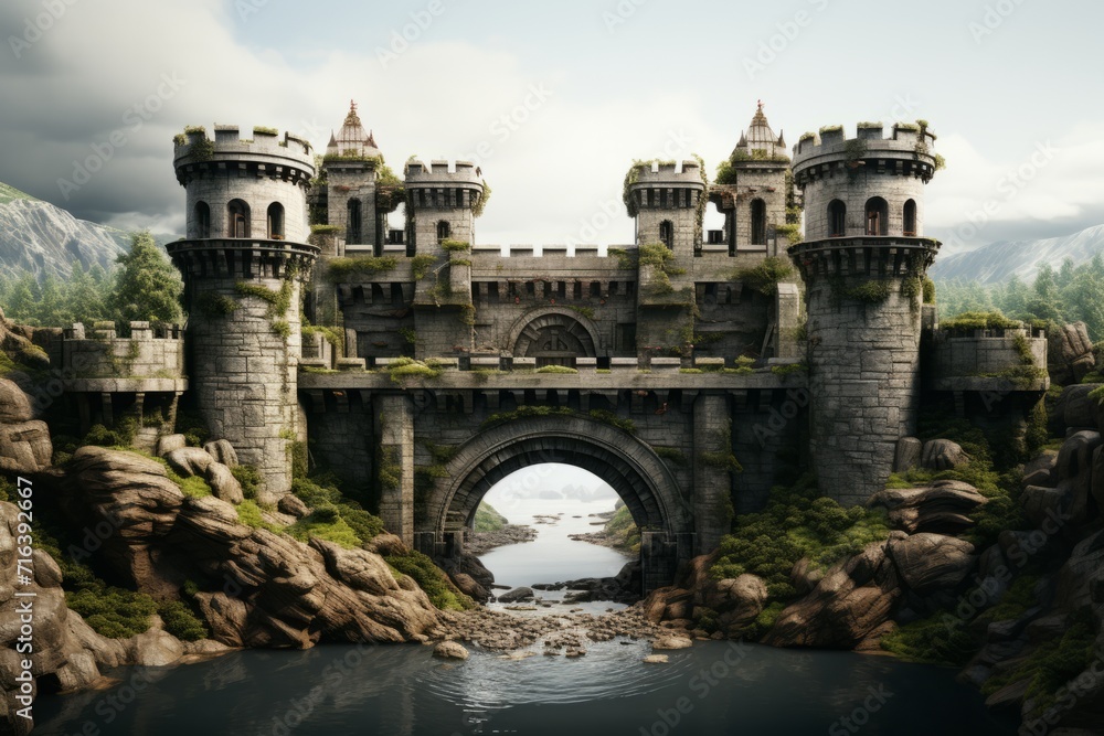 Citadel Defense Structure with Moat, on an isolated Stone Gray background, Generative AI