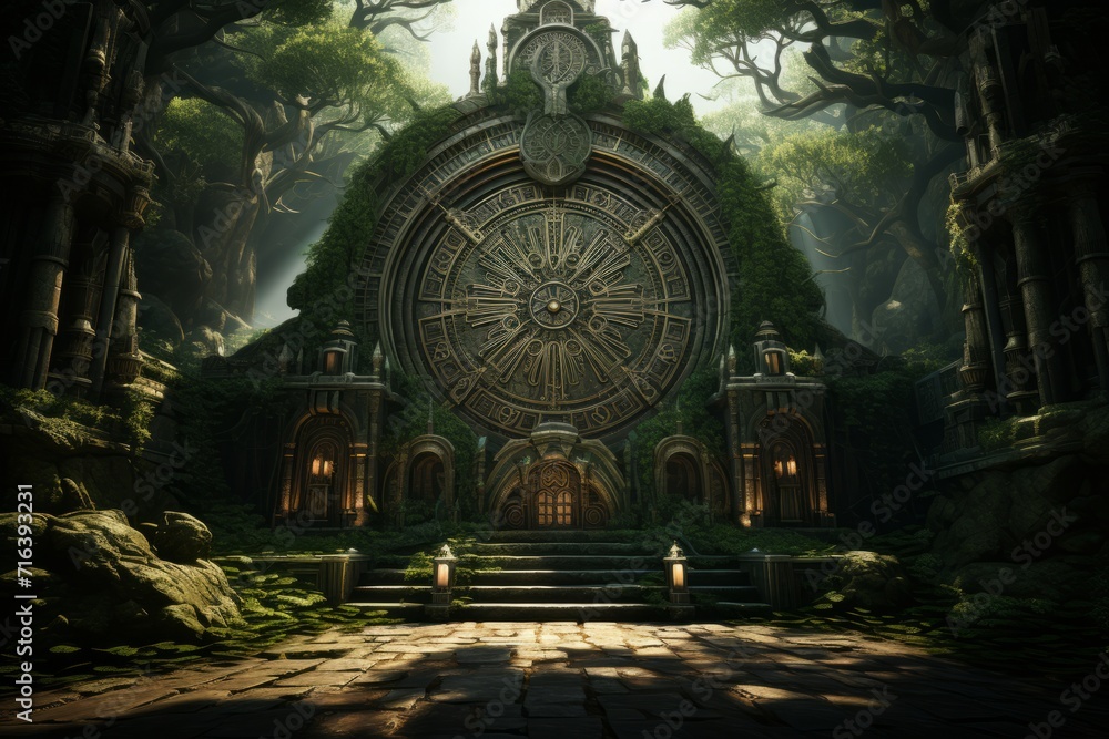 Citadel Entrance with Massive Wooden Doors, on an isolated Forest Green background, Generative AI