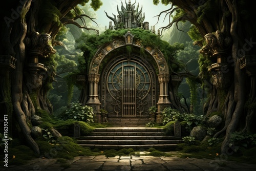 Citadel Entrance with Massive Wooden Doors  on an isolated Forest Green background  Generative AI