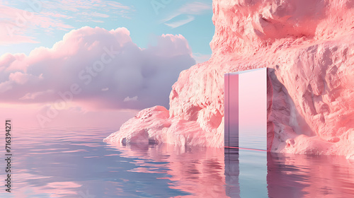 Door to Infinity, 3D Rendered Cliff in Sea, Light Pink & Indigo