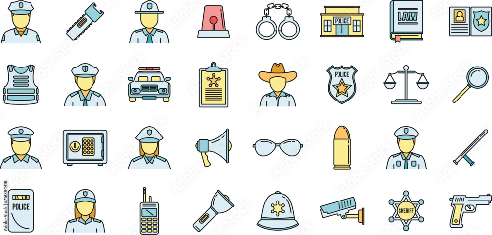 Guard policeman icons set. Outline set of guard policeman vector icons thin line color flat on white