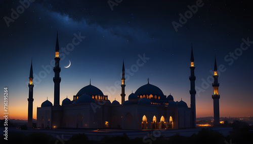 Wallpaper featuring a serene night scene with a mosque and ample space for text or messages. 