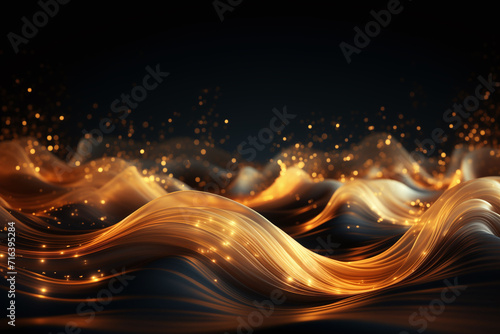 Abstract glowing shiny golden glittering sparkle waves on dark background. Wallpaper, Banner, Christmas concept