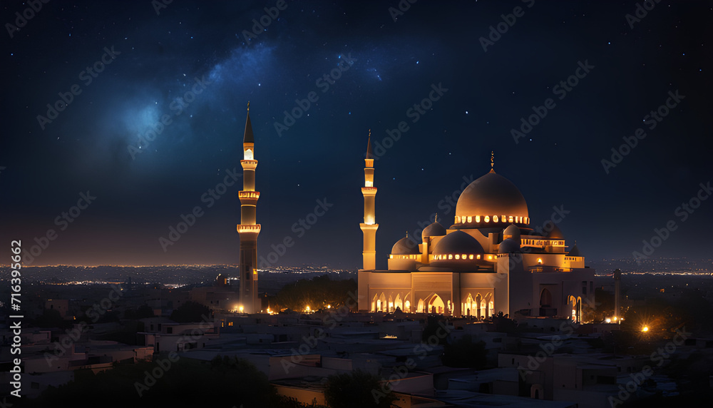 Wallpaper featuring a serene night scene with a mosque  and ample space for text or messages.
