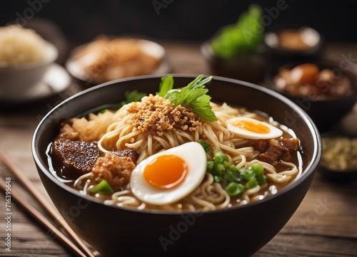 Ramen noodles with beef, egg and vegetables in bowl on wooden table