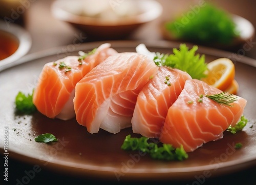 Salmon sashimi on plate with soy sauce and parsley