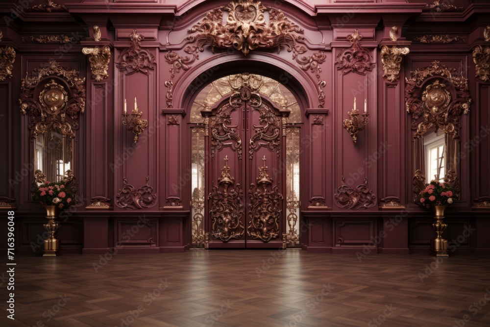 Citadel Frontage with Ornate Gate, on an isolated Burgundy Red background, Generative AI