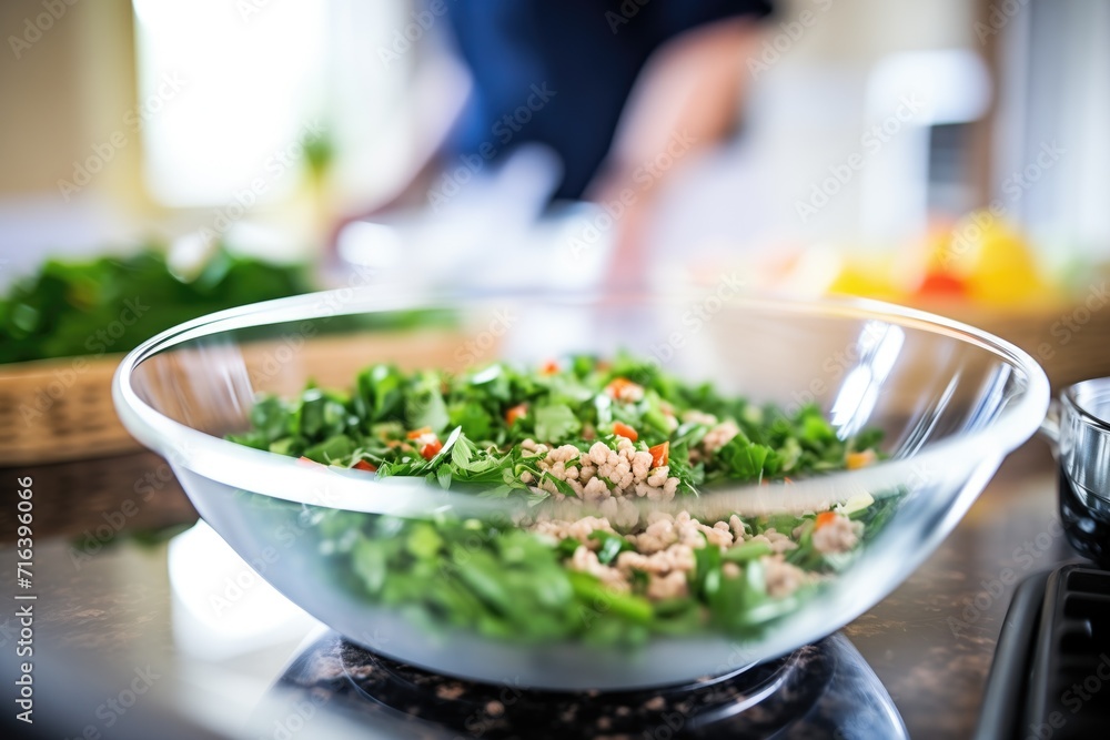 chickpea salad being mixed, focus on vivid green spinach chickpea salad being mixed, focus on vivid green spinach