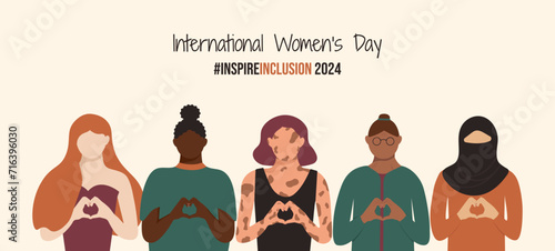 Inspire Inclusion 2024 banner. Diverse physical abilities and ethnicities girls with heart-shaped hands. International Women's Day InspireInclusion slogan. Various religions colors body ages Feminine
