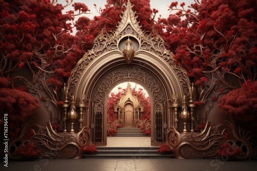 Citadel Frontage with Ornate Gate  on an isolated Burgundy Red background  Generative AI