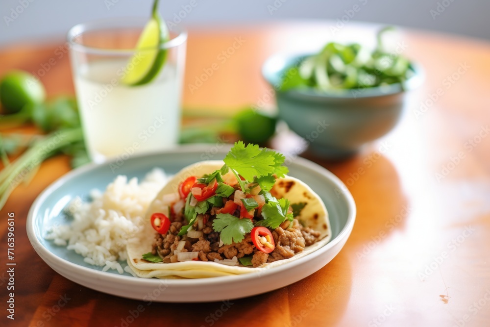 rice garnished with a sprig of cilantro beside tacos rice garnished with a sprig of cilantro beside tacos