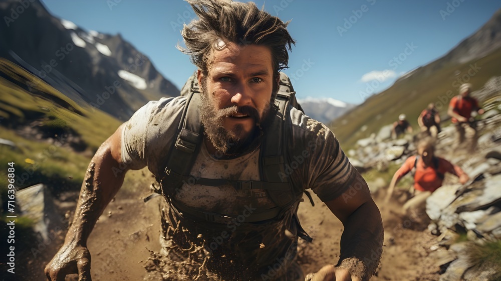 Homme qui court un. marathon dans la nature, en action de courir avec de la boue sur le corps, au milieu des montagnes - obrazy, fototapety, plakaty 