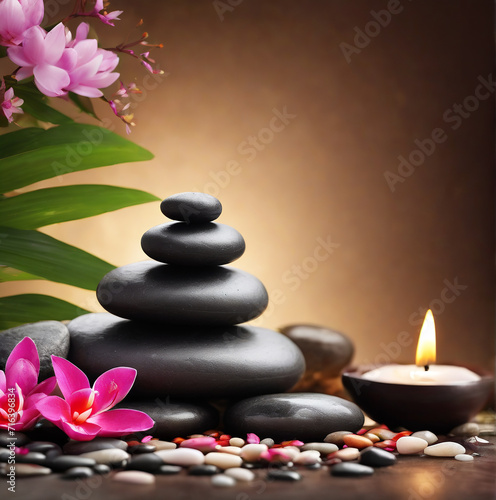 Tranquil Zen  Spa Relax Concept with Stones and Flowers Close-Up
